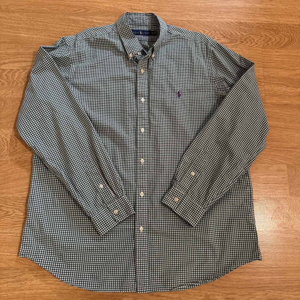 Ralph Lauren Shirt Men's XL Green Gingham Plaid Purple Pony Long‎ Sleeve Preppy